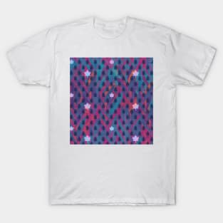 Icy Maple leaves and tiny trees on a faded denim blue and magenta leaf background T-Shirt